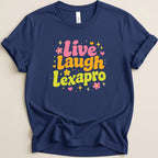 Navy t-shirt with "Live Laugh Lexapro" text and floral accents.