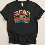 Black t-shirt with "Pharmacy CPHT Technician" text in collegiate font.