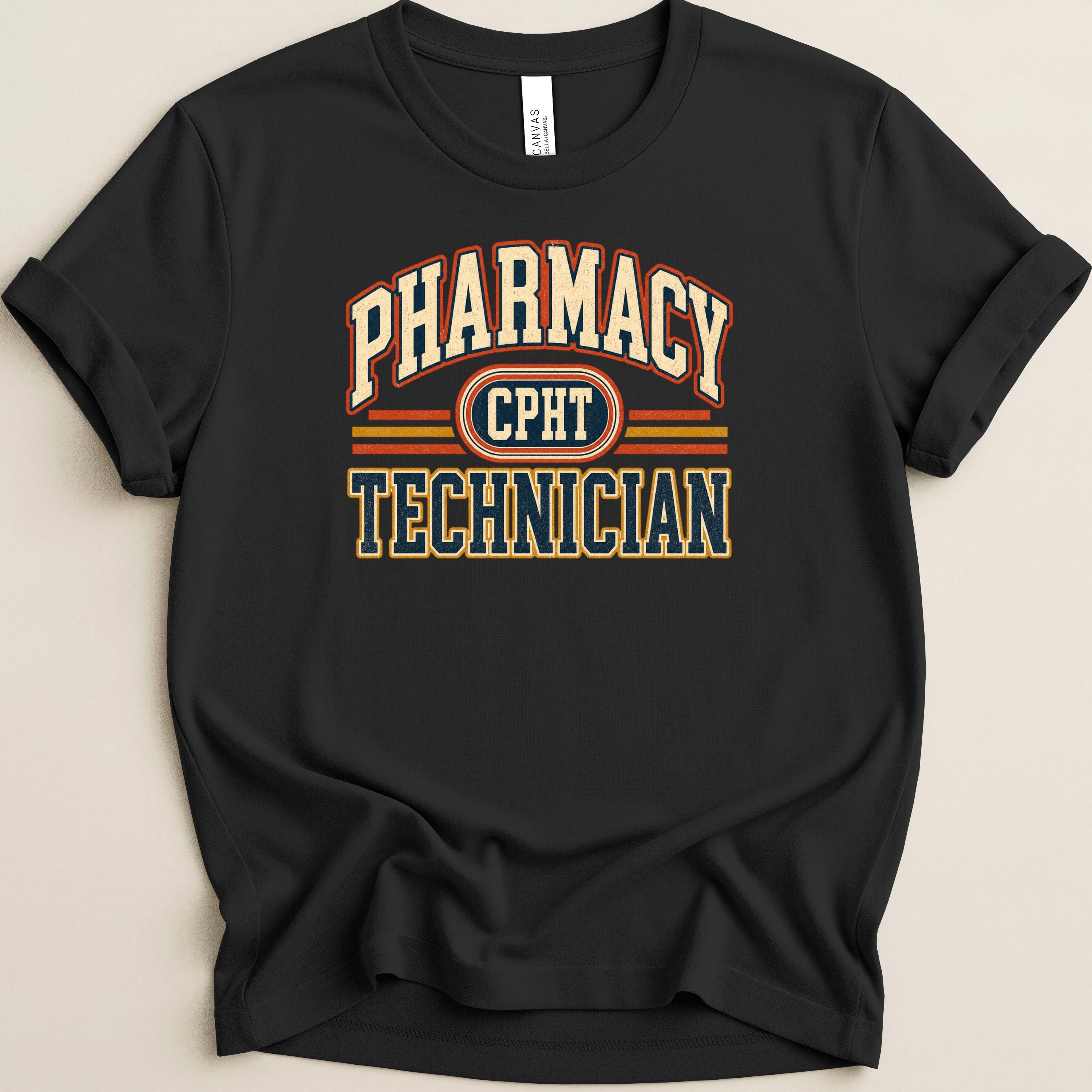Black t-shirt with "Pharmacy CPHT Technician" text in collegiate font.