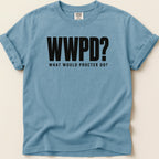 Blue t-shirt with "WWPD? WHAT WOULD PROCTER DO?" text.