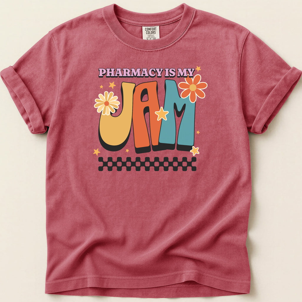T-shirt with "Pharmacy is My Jam" text and retro floral graphics.
