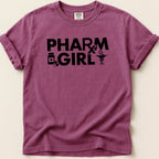 Purple t-shirt with "PHARM GIRL" and medical symbols.