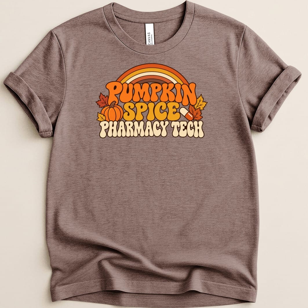 Brown t-shirt featuring a retro autumn graphic with a pumpkin and the text Pumpkin Spice Pharmacy Tech.
