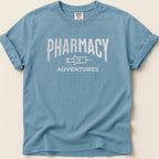 Blue t-shirt with "Pharmacy Adventures" in white text.