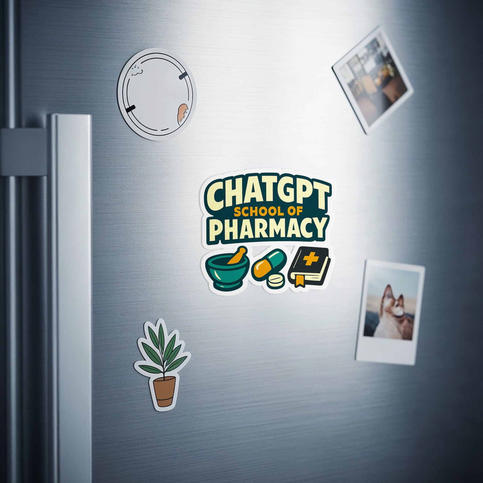ChatGPT School of Pharmacy logo sticker with medical symbols on a refrigerator.