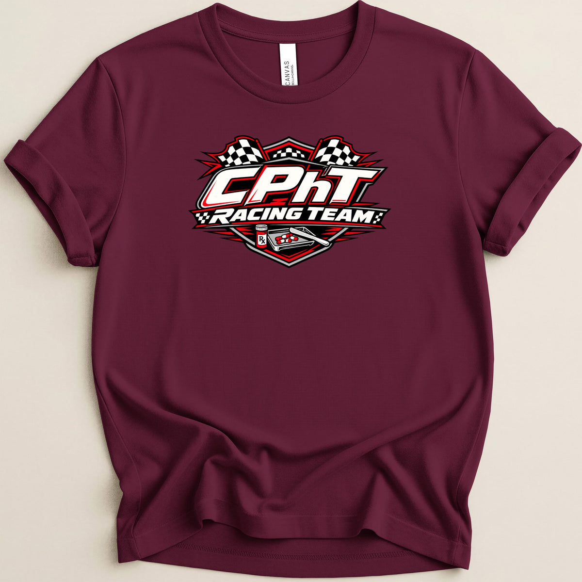 Maroon t-shirt with "CPHT Racing Team" logo featuring checkered flags and pills.