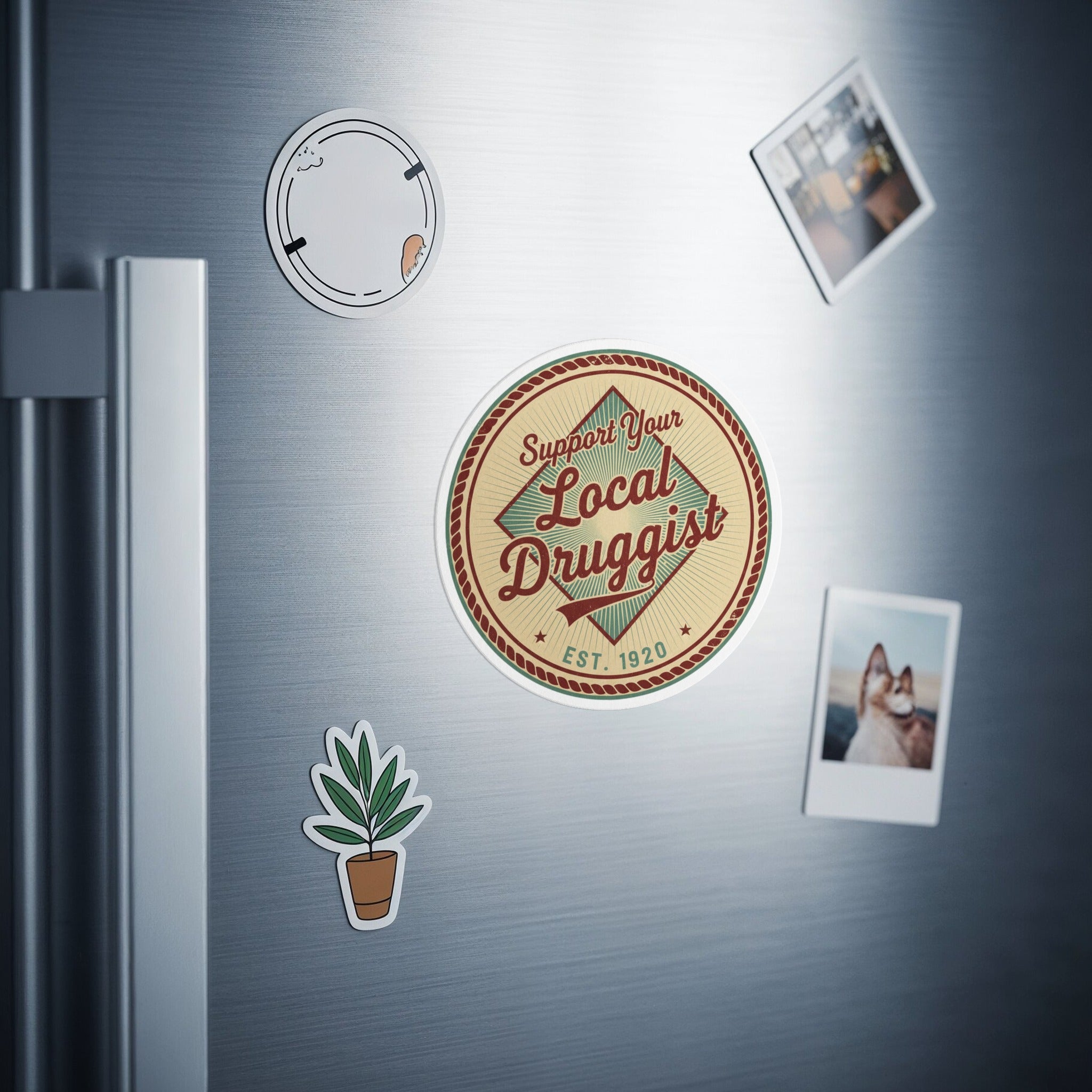 Circular sticker with "Support Your Local Druggist EST. 1920" text.