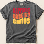 T-shirt with "CAFFEINE CODEINE CHAOS" text in retro, stacked lettering.