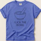 Purple t-shirt with a mortar and pestle graphic and the text "I LICK THE BOWL".