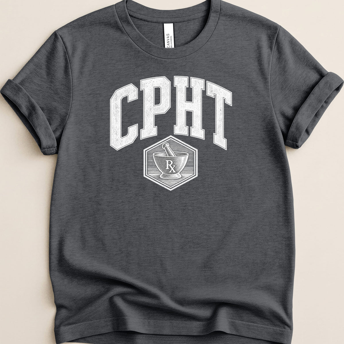 Dark gray crewneck t-shirt featuring a distressed white arched CPHT text and mortar and pestle graphic.
