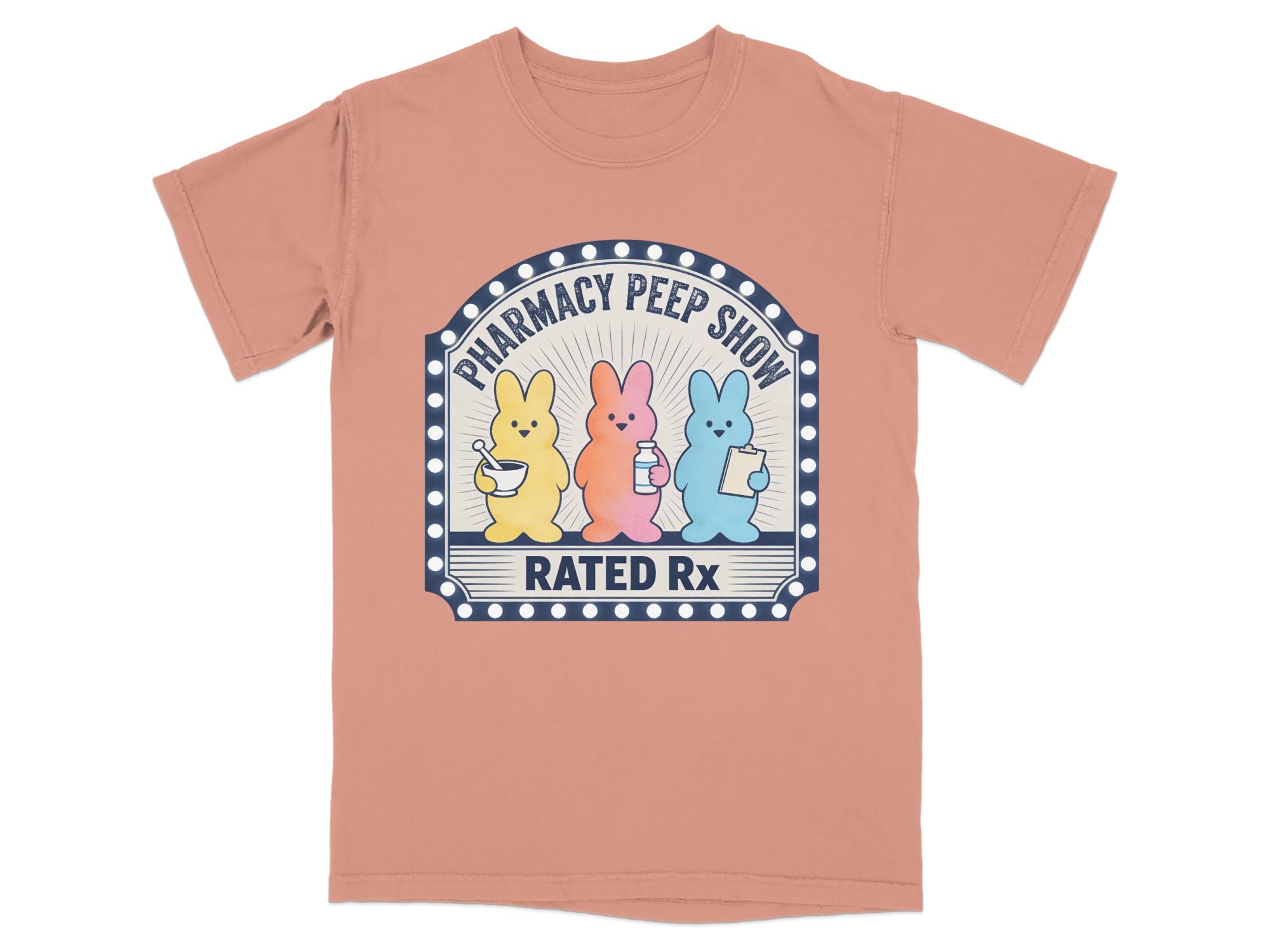 Three Peeps bunnies in a pharmacy setting with "Pharmacy Peep Show Rated Rx" text.