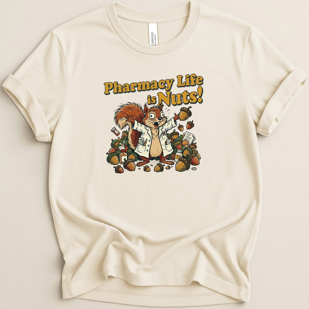 Squirrel in lab coat with "Pharmacy Life is Nuts!" text among acorns.
