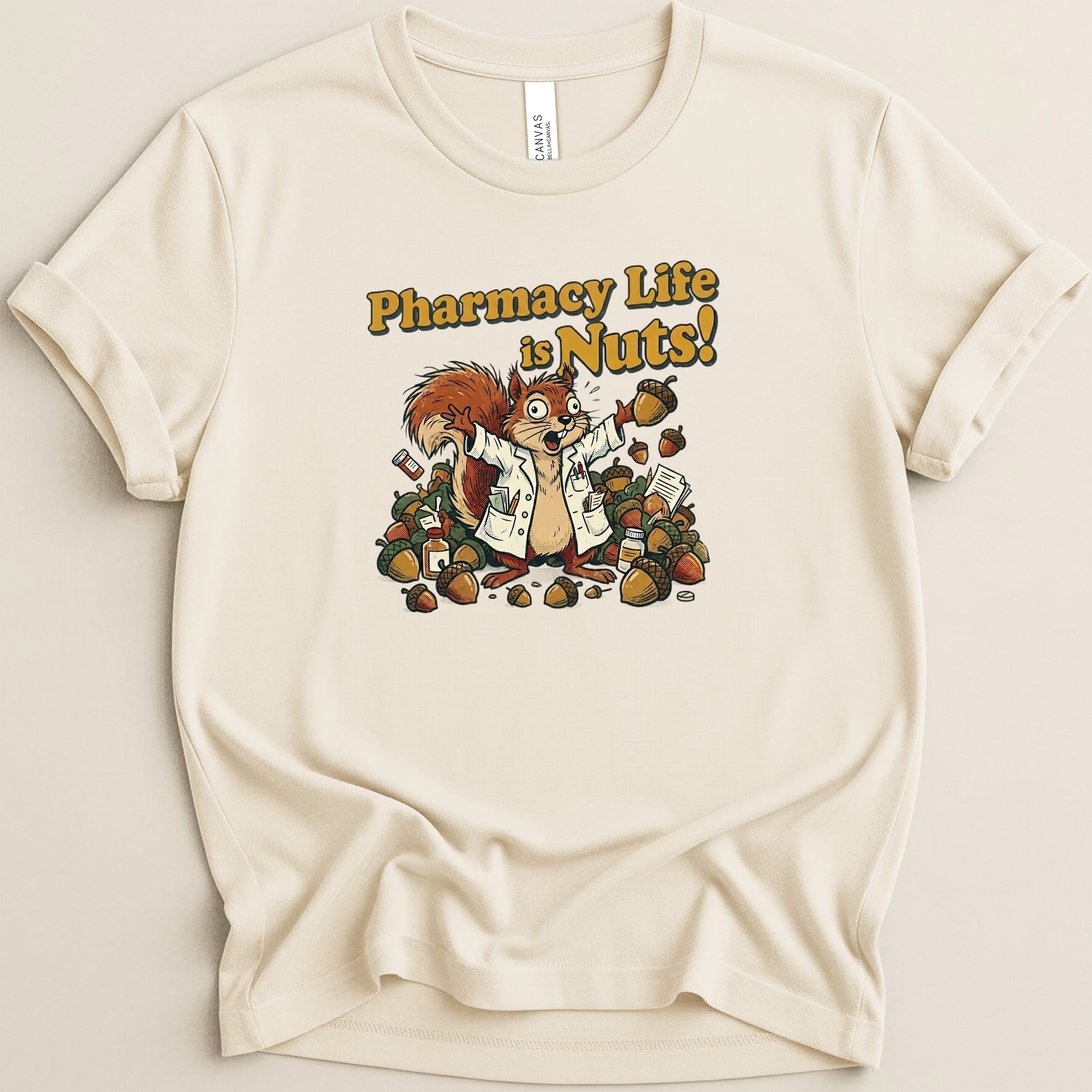 Squirrel in lab coat with "Pharmacy Life is Nuts!" text among acorns.