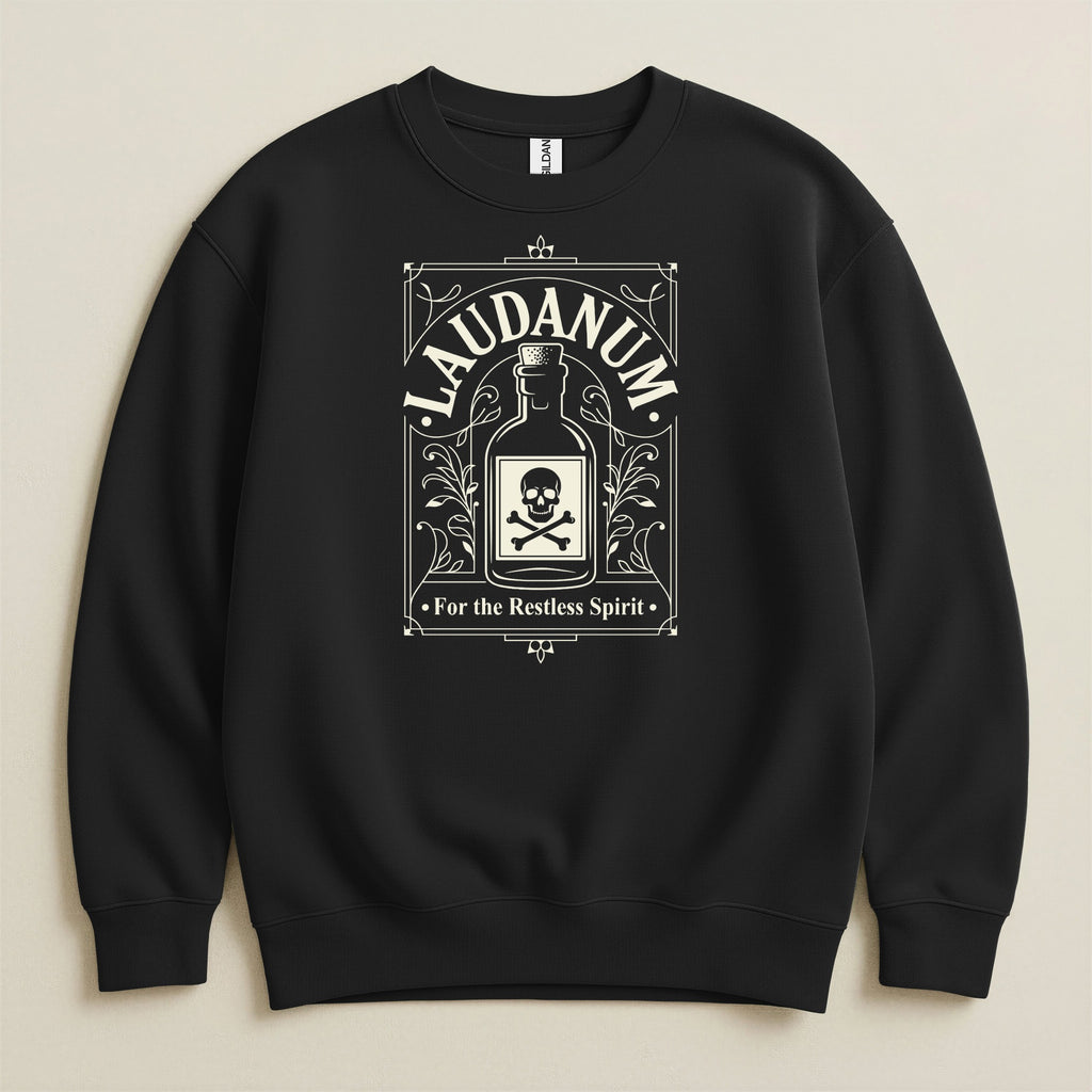 Black sweatshirt with Laudanum bottle and skull graphic.