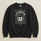 Black sweatshirt with Laudanum bottle and skull graphic.