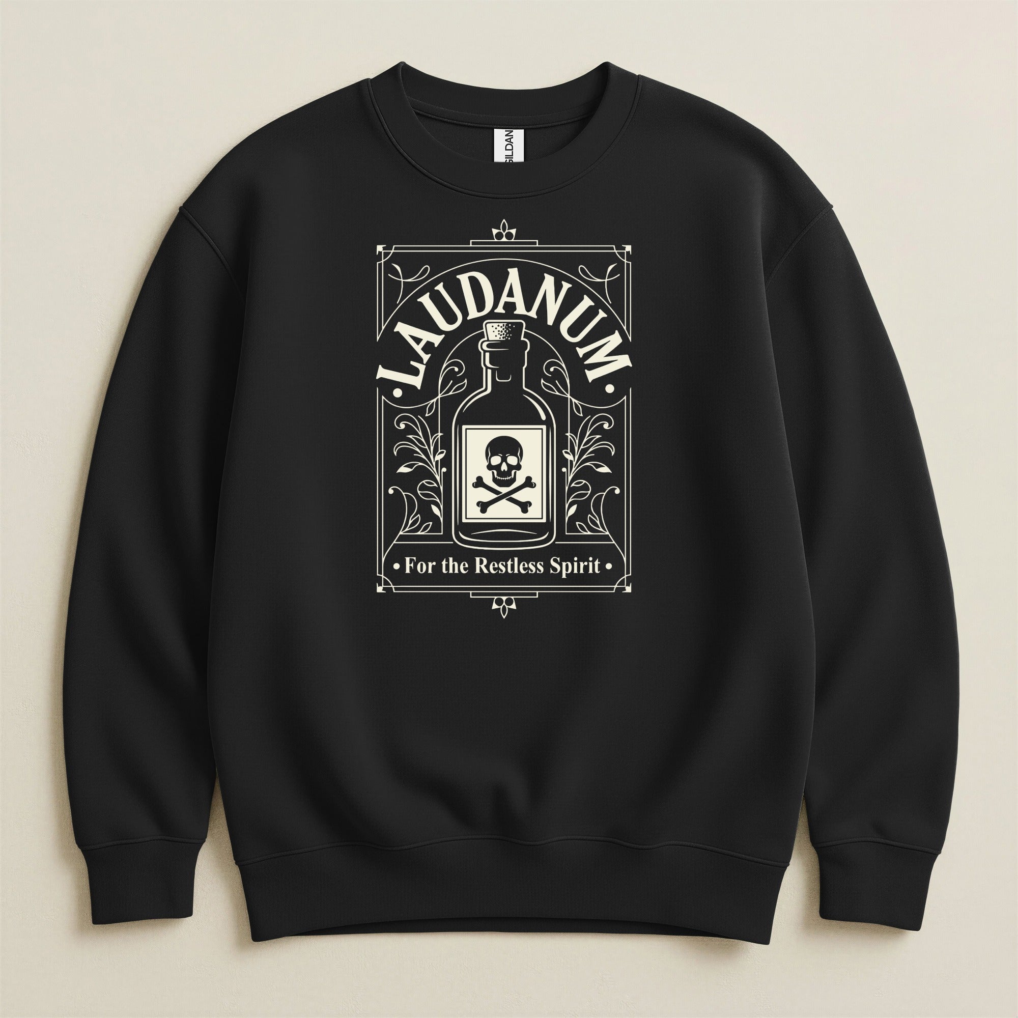 Black sweatshirt with Laudanum bottle and skull graphic.
