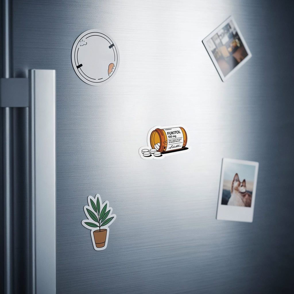 Prescription bottle sticker for FUKITOL 100mg, plant sticker, and photo magnets on a refrigerator.