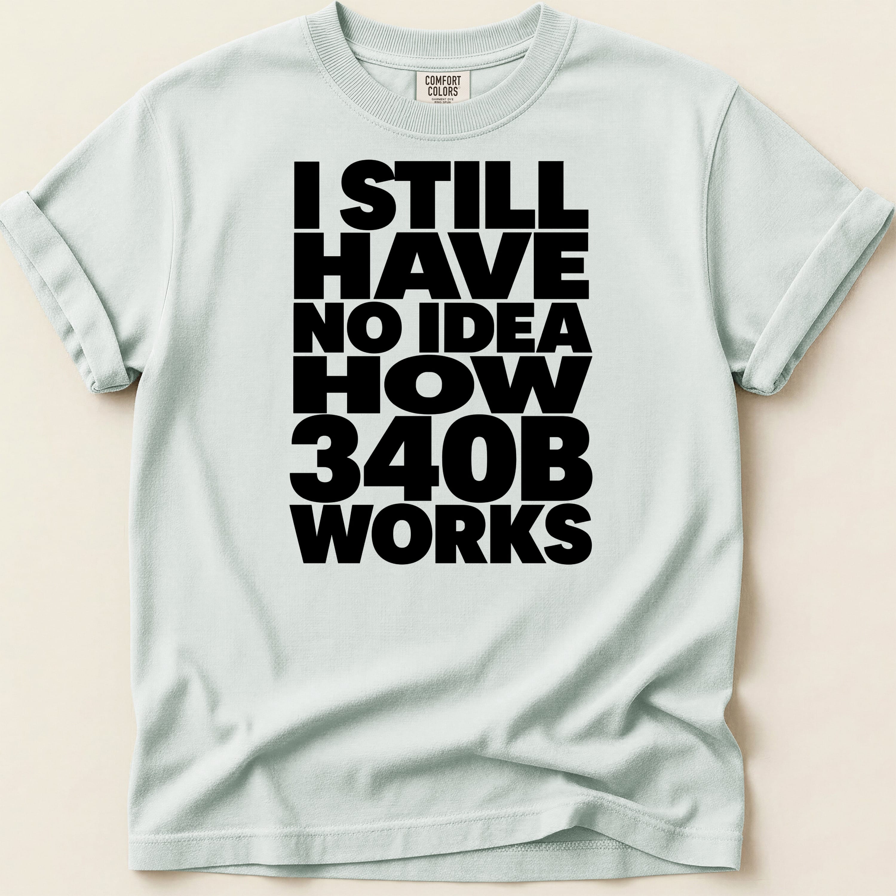 Light blue t-shirt with black text "I STILL HAVE NO IDEA HOW 340B WORKS".