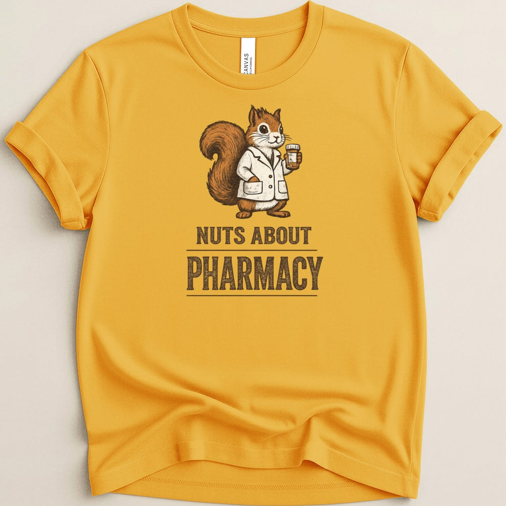 Squirrel holding a pill bottle wearing a lab coat with text "NUTS ABOUT PHARMACY".
