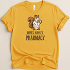 Squirrel holding a pill bottle wearing a lab coat with text "NUTS ABOUT PHARMACY".