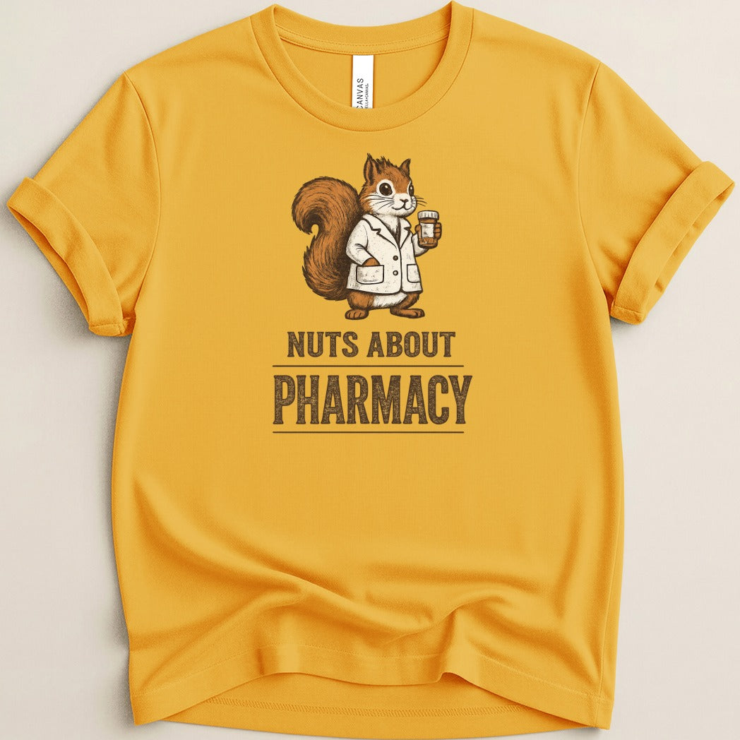 Squirrel holding a pill bottle wearing a lab coat with text "NUTS ABOUT PHARMACY".