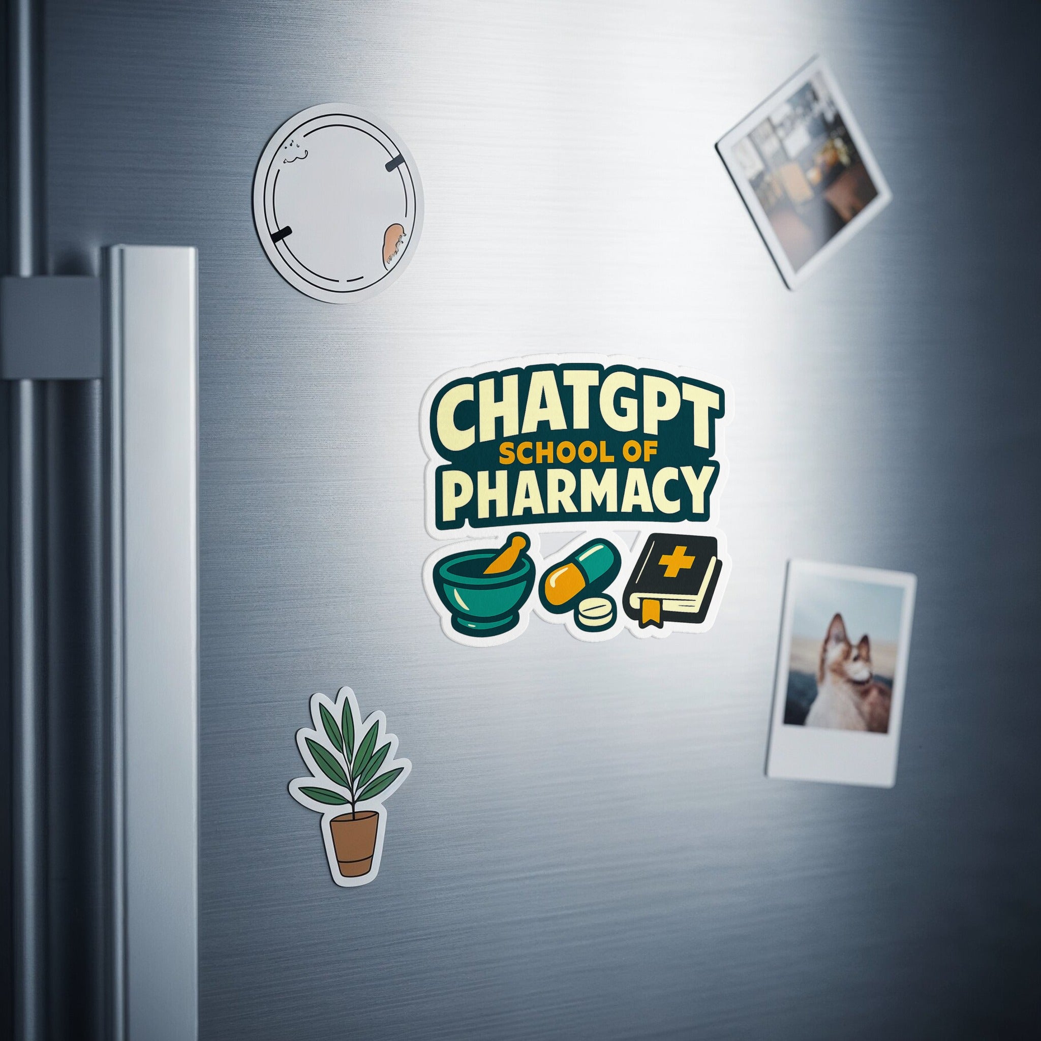 ChatGPT School of Pharmacy logo with mortar, pestle, pills, and book.