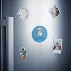 Circular sticker of a cat wearing glasses and a lab coat.