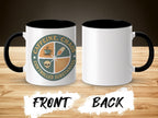 Front and back of a white mug with black handle and rim, displaying "Caffeine, Chaos, Controlled Substances" text.