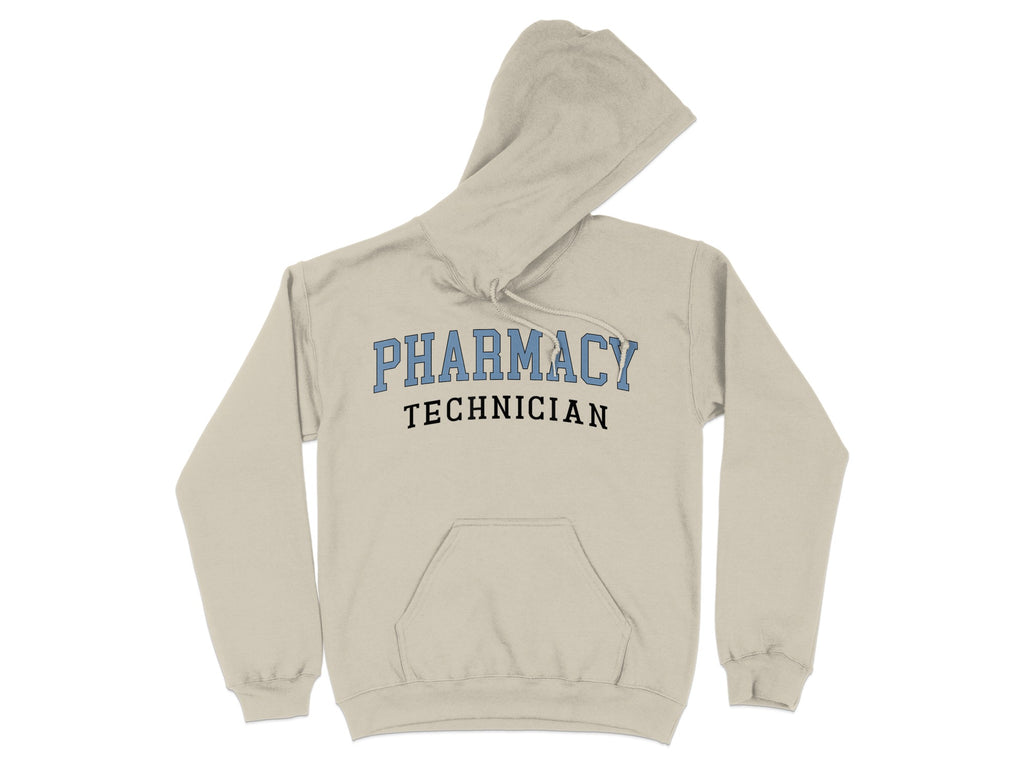 Beige hooded sweatshirt with "Pharmacy Technician" text in blue and black.