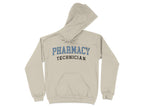 Beige hooded sweatshirt with "Pharmacy Technician" text in blue and black.