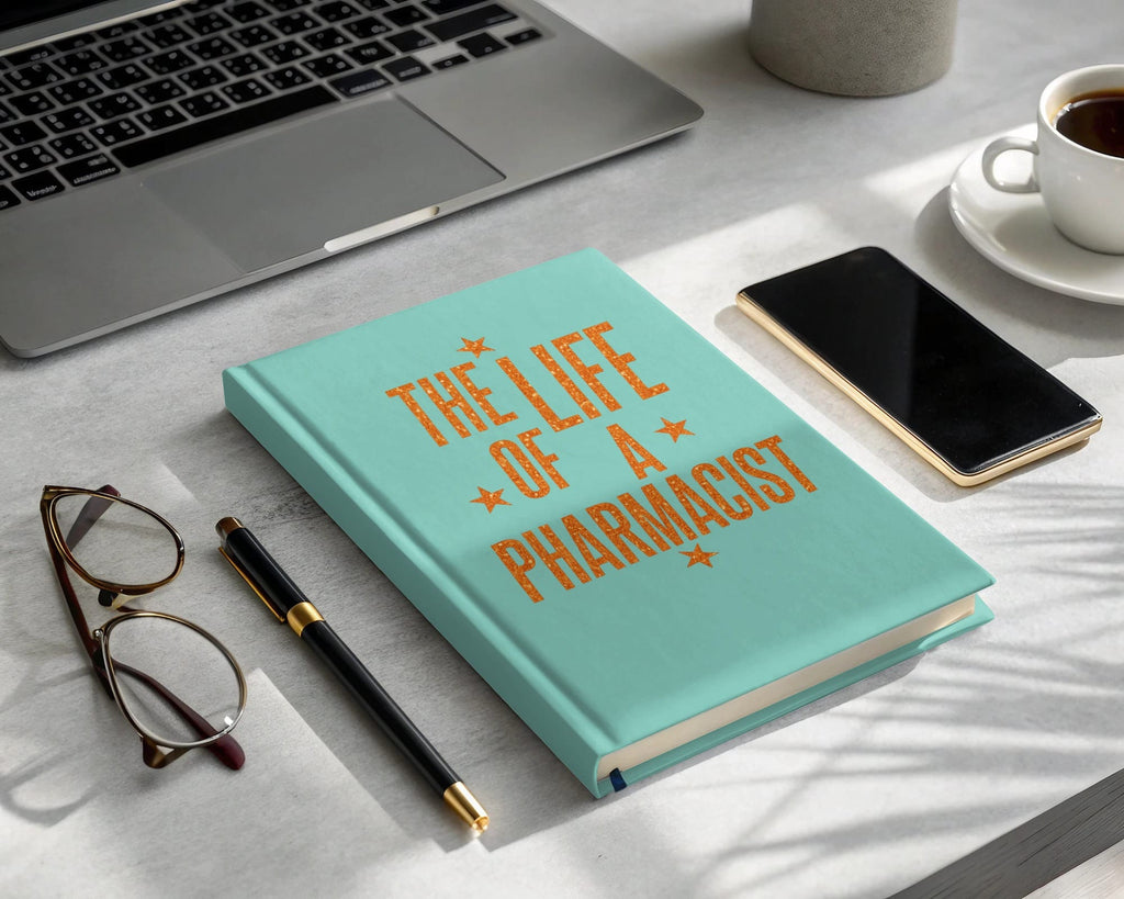 Turquoise planner titled "The Life of a Pharmacist" with glasses, pen, phone, and laptop.