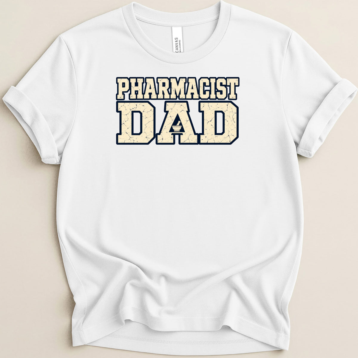 A white short-sleeved t-shirt featuring the distressed block text Pharmacist Dad on the chest.