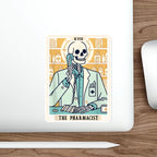 Skeleton pharmacist wearing a lab coat, holding a phone, surrounded by medicine bottles and pills.