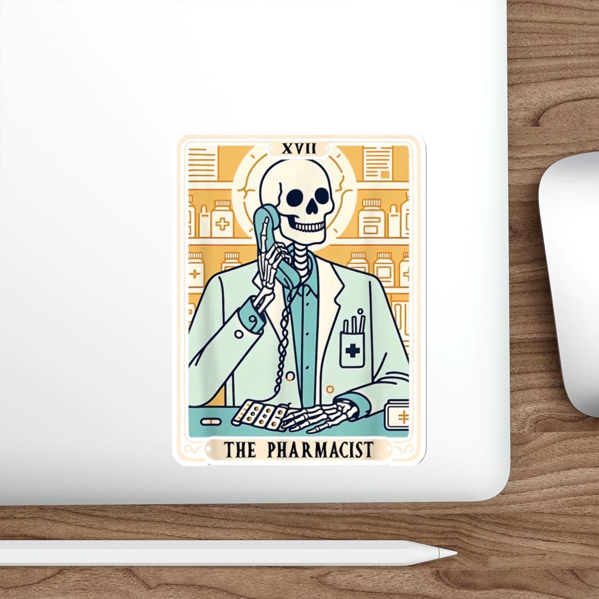 Skeleton pharmacist wearing a lab coat, holding a phone, surrounded by medicine bottles and pills.