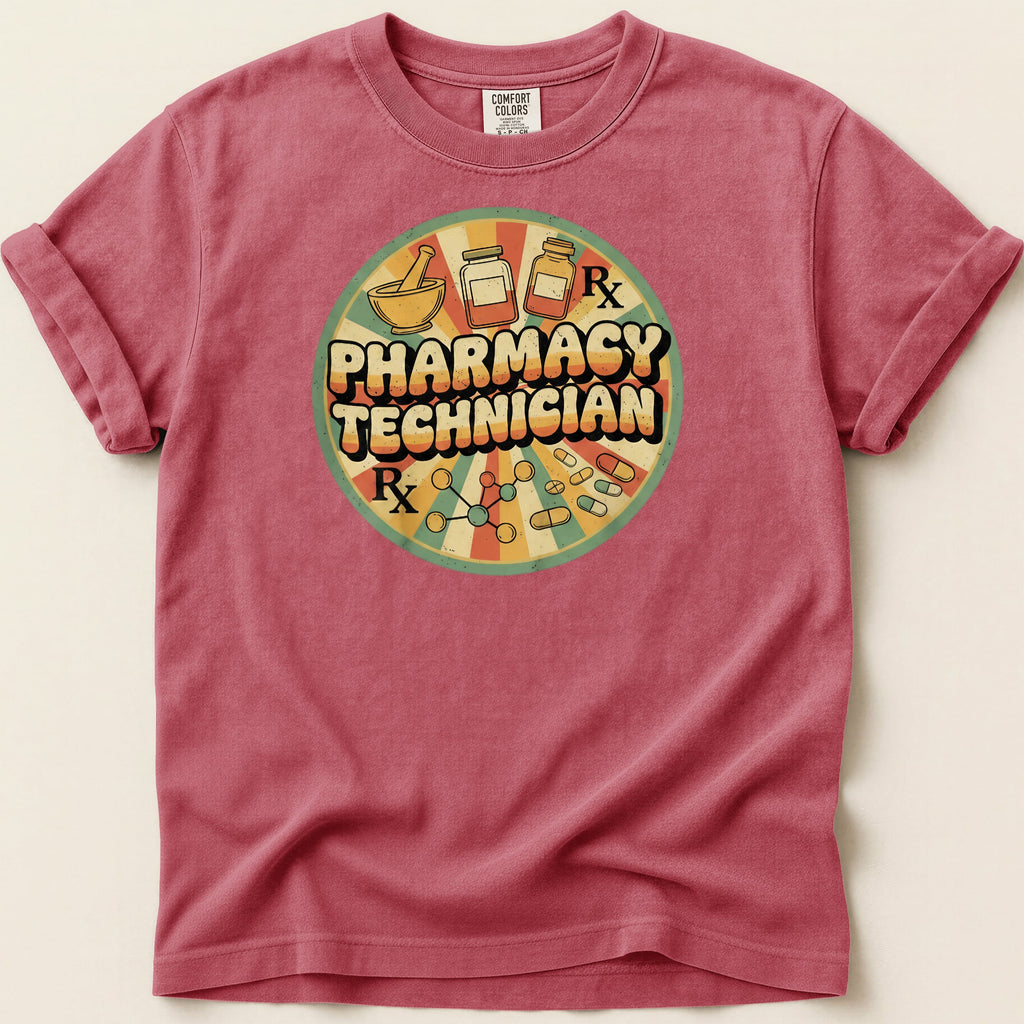 Circular graphic with "Pharmacy Technician" and Rx symbols, on a red t-shirt.