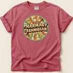 Circular graphic with "Pharmacy Technician" and Rx symbols, on a red t-shirt.