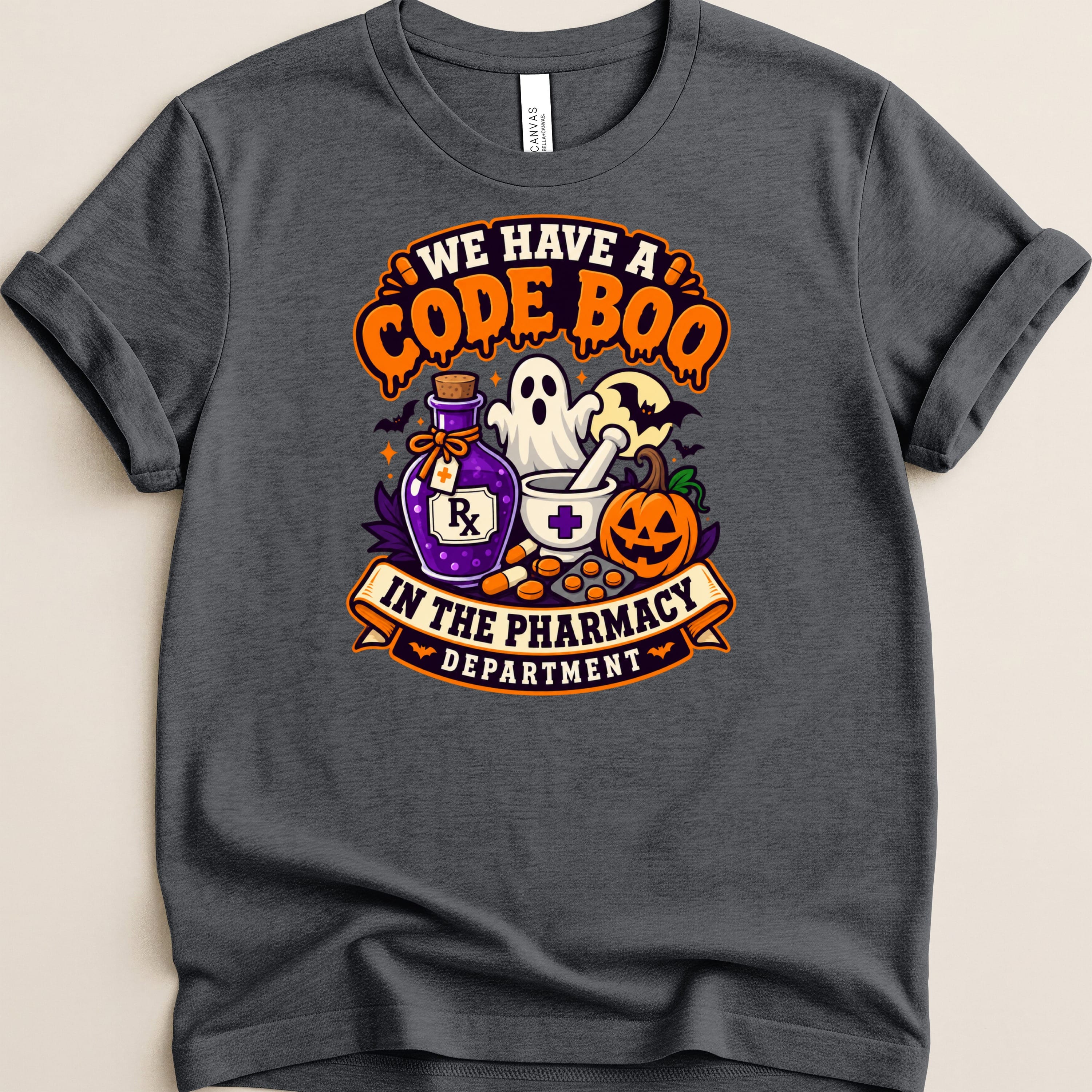 Halloween pharmacy graphic with ghost, potion, pumpkin, and "Code Boo In The Pharmacy Department" text.