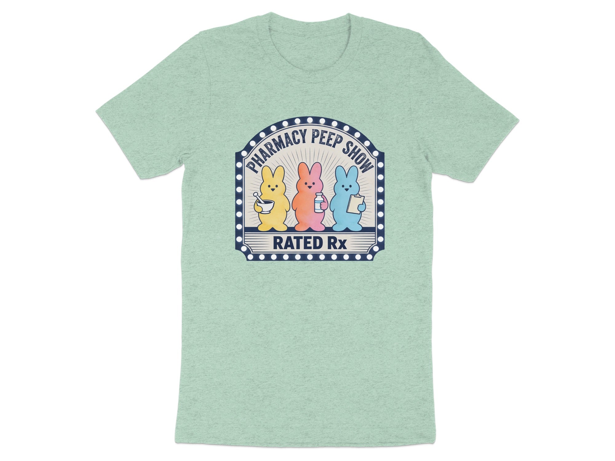 Three Peeps candies with pharmacy items on a light green t-shirt.