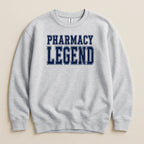 Light grey sweatshirt with navy blue "PHARMACY LEGEND" text.