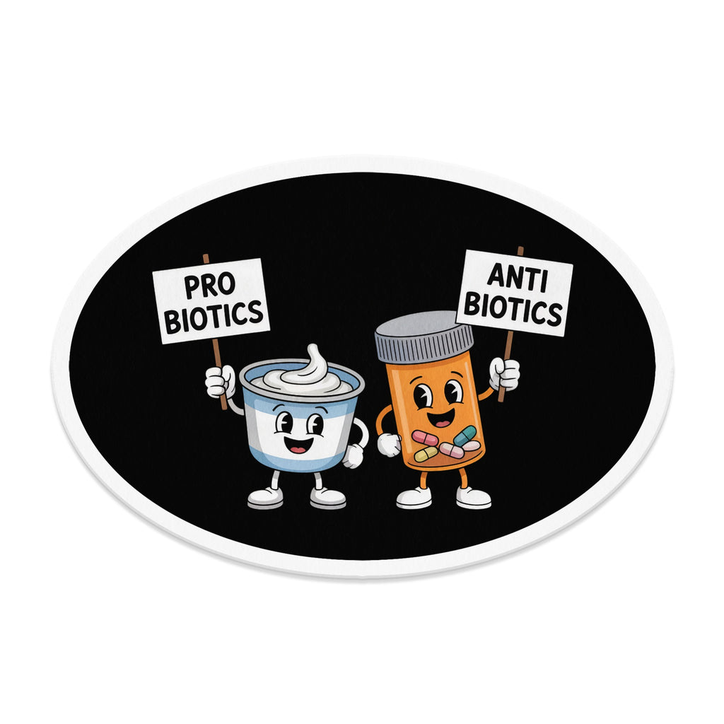 Cartoon probiotics container and yogurt cup holding signs.