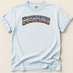 Light blue t-shirt with "PHARMACY" in arched, red, white, and blue striped lettering.
