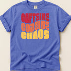 T-shirt with "CAFFEINE CODEINE CHAOS" in colorful text.
