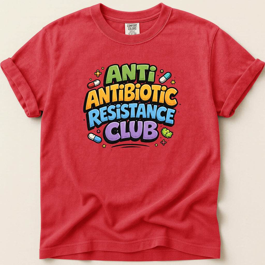 Red t-shirt with colorful "Anti Antibiotic Resistance Club" text.