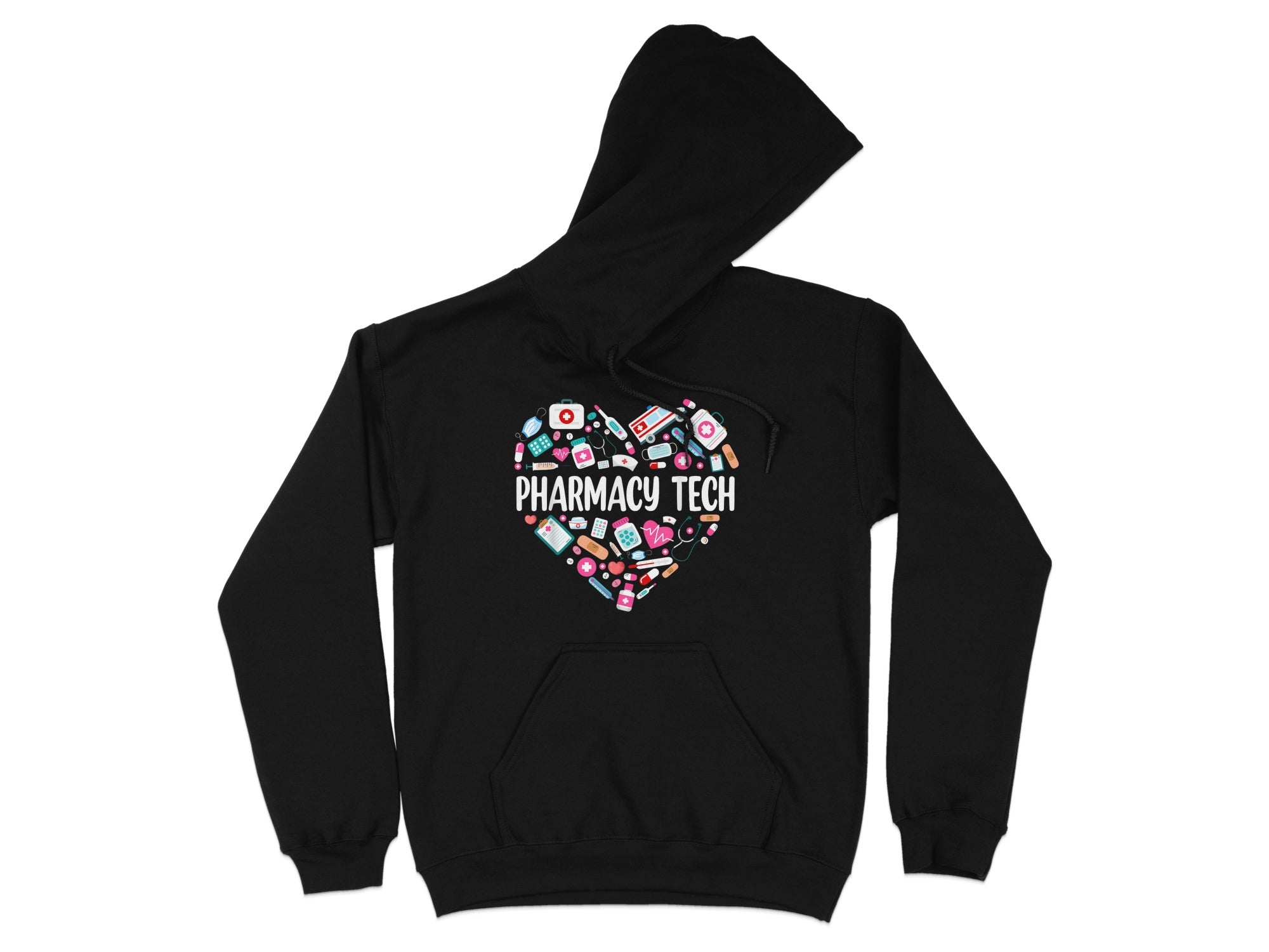 Black hoodie with heart-shaped pharmacy icons and "PHARMACY TECH" text.