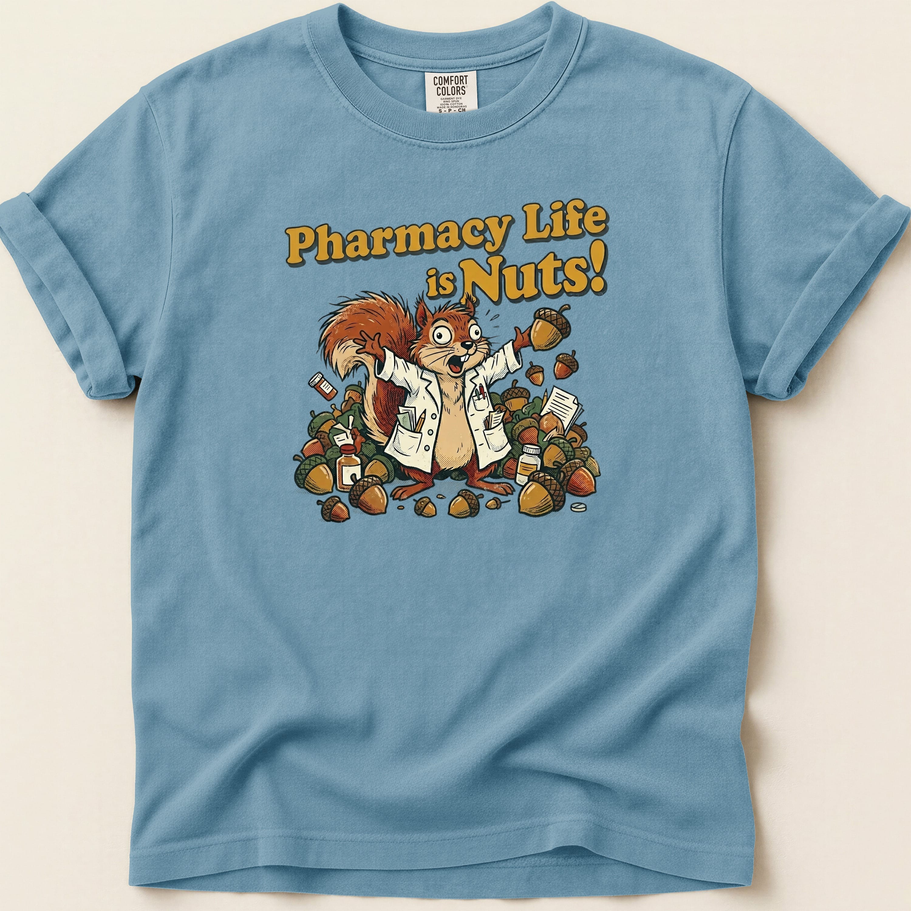 Squirrel in lab coat amidst acorns with "Pharmacy Life is Nuts!" text.