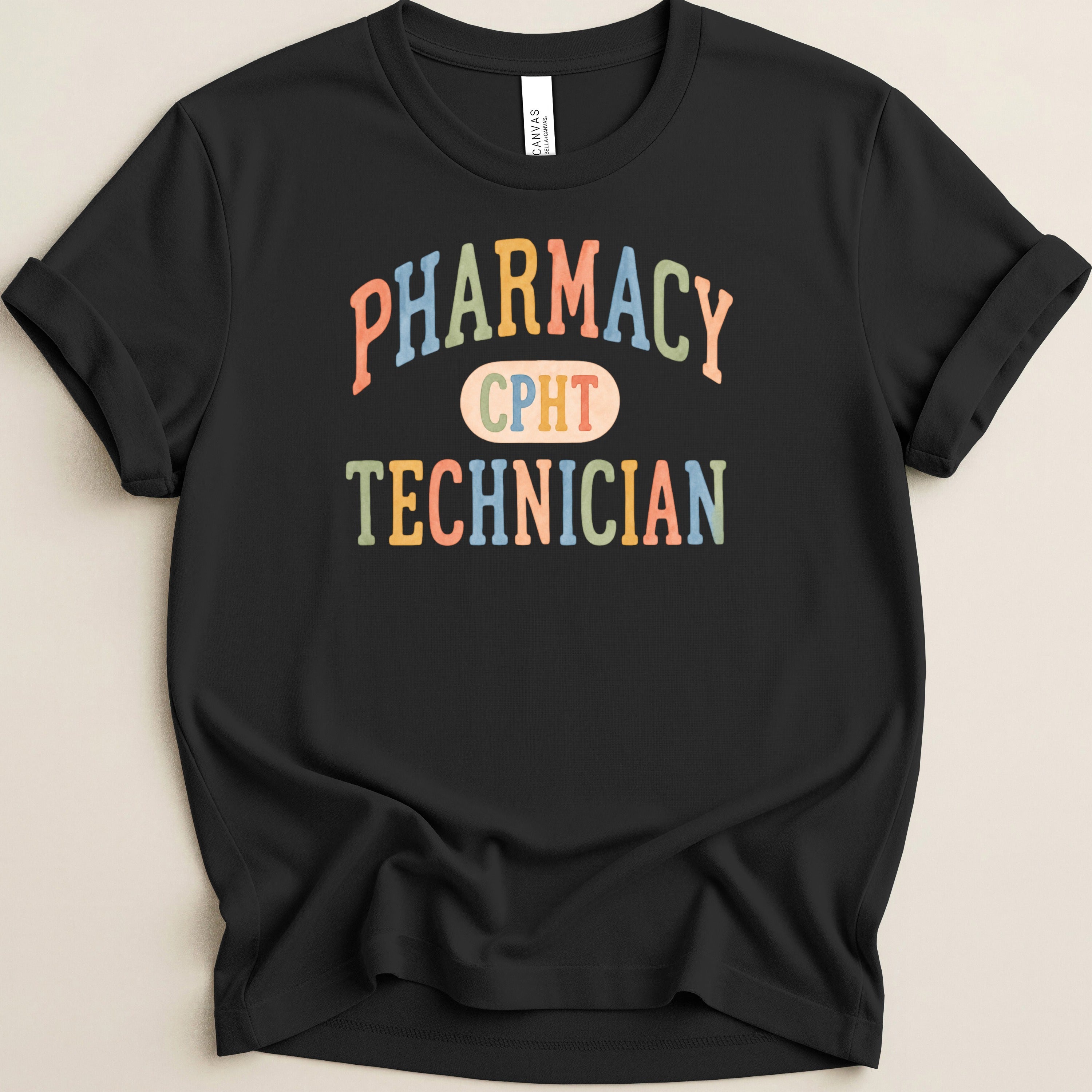 Black t-shirt with colorful "PHARMACY TECHNICIAN CPHT" text.