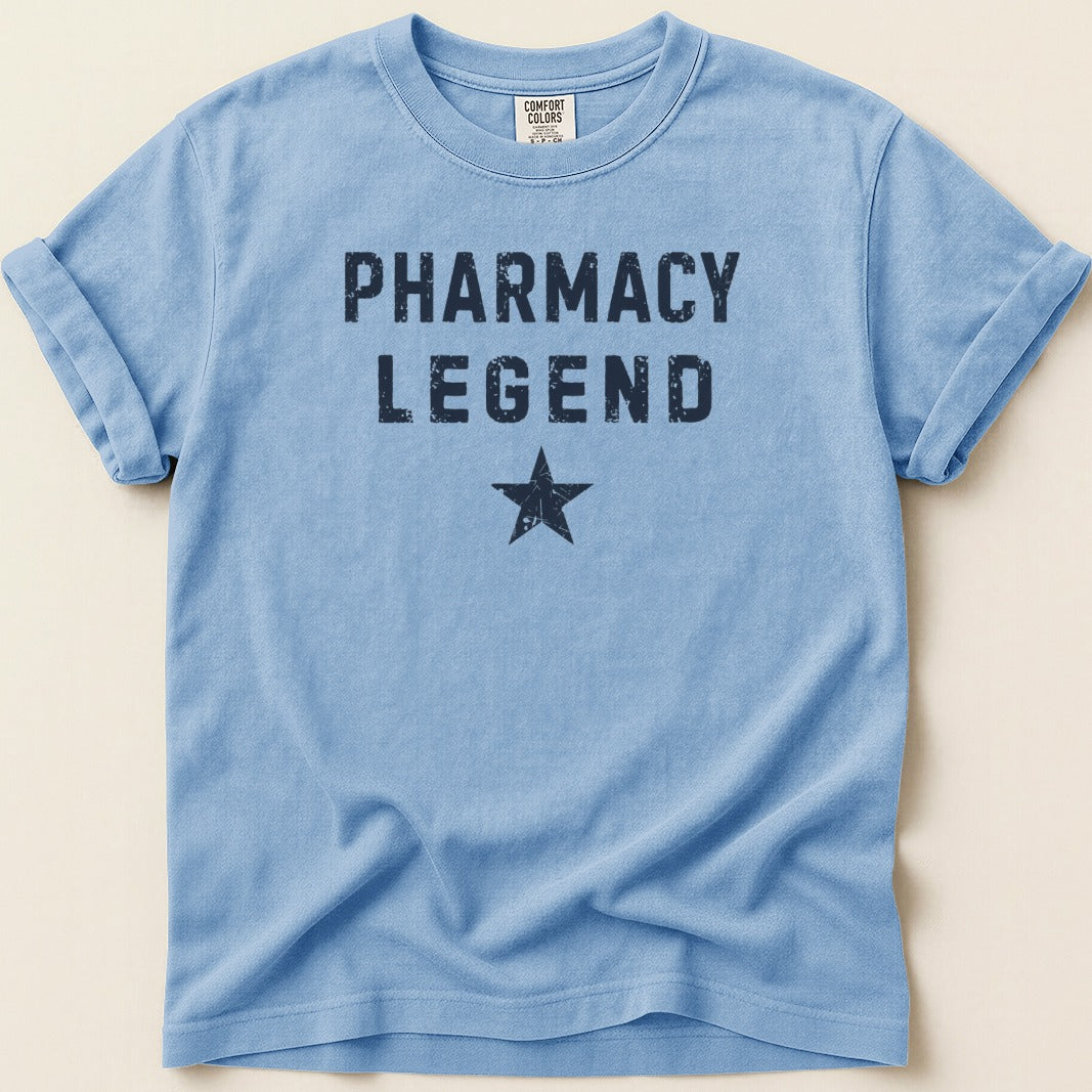Light blue t-shirt with "PHARMACY LEGEND" and a star.