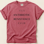 Red t-shirt with "ANTI ANTIBIOTIC RESISTANCE CLUB" text.