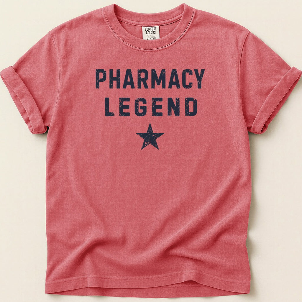 Salmon-colored t-shirt with "PHARMACY LEGEND" and a star graphic.