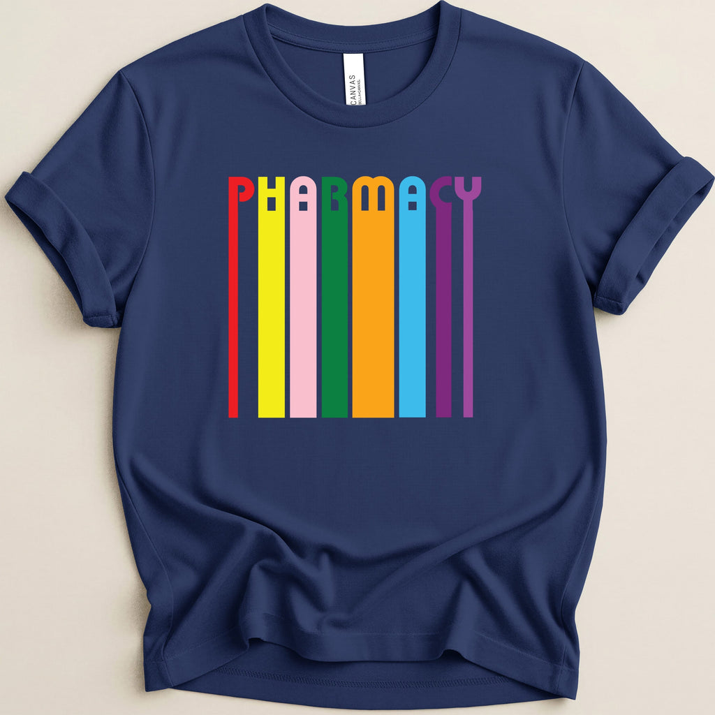 Navy t-shirt with colorful vertical bars spelling "PHARMACY".